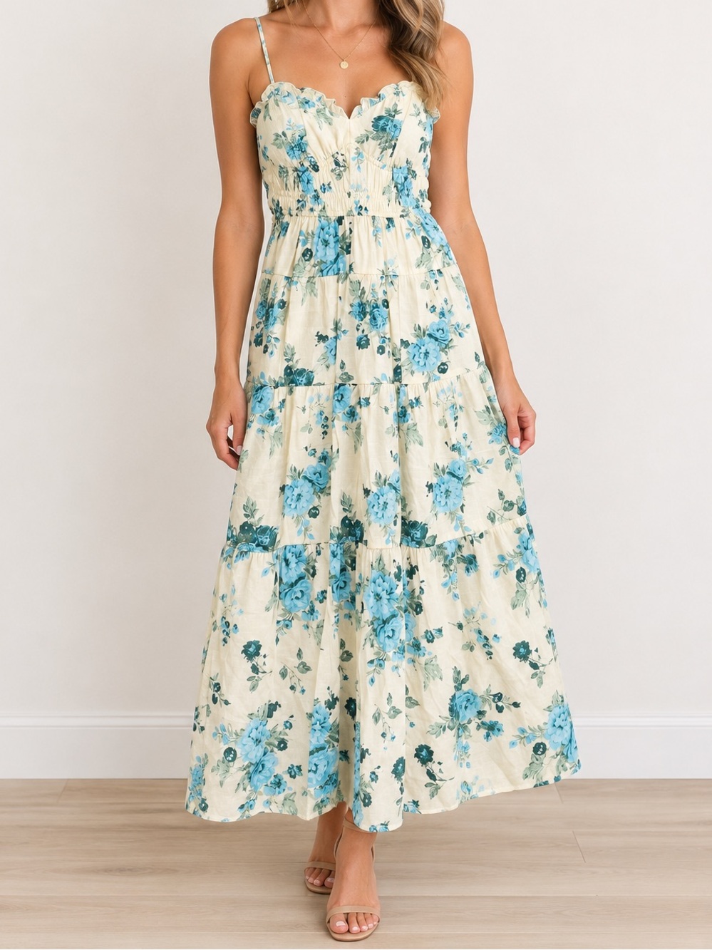 Francesca's Collections Cream Maxi Dress with Blue Floral Motif